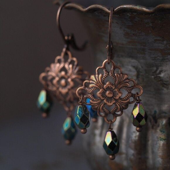 Antiqued Copper Art Nouveau Chandelier Earrings - Picture 1 of 2
